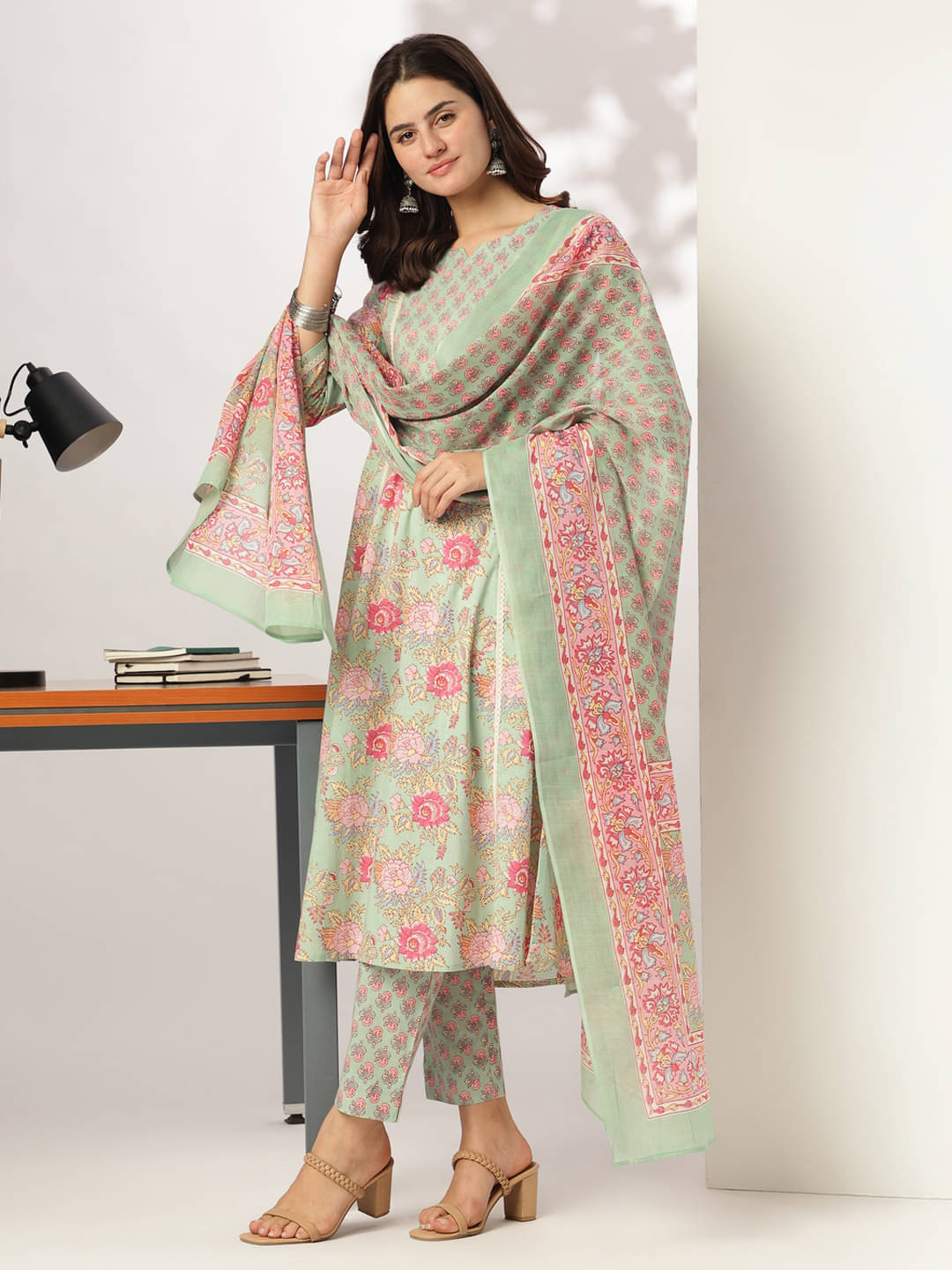 Janasya Women Cotton Printed A-line Kurti With Pants ( Multicolor ) Janasya Women Cotton Printed A-line Kurti With Pants ( Multicolor )