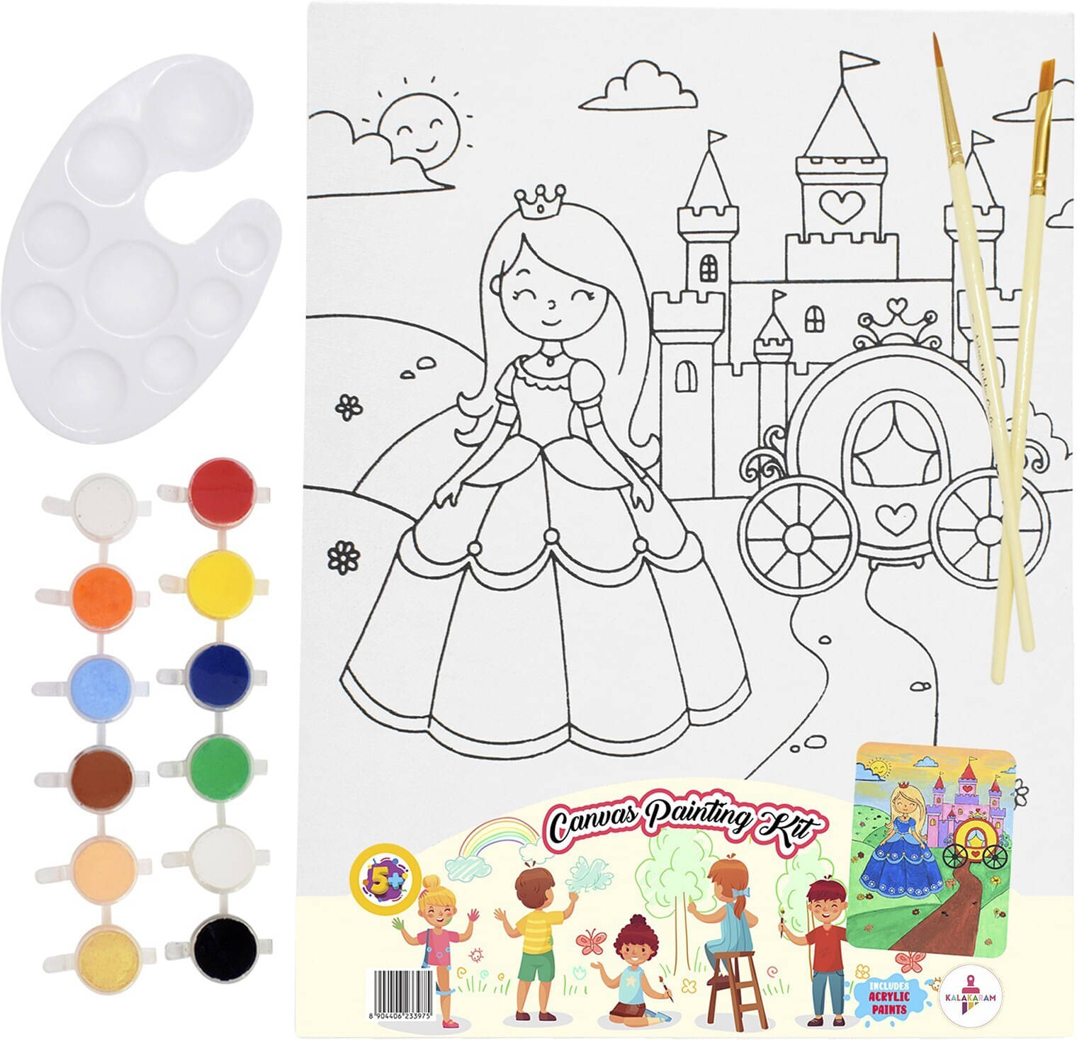     			Kalakaram Princess Canvas Painting Kit with Printed Canvas Board, Paints and Brushes