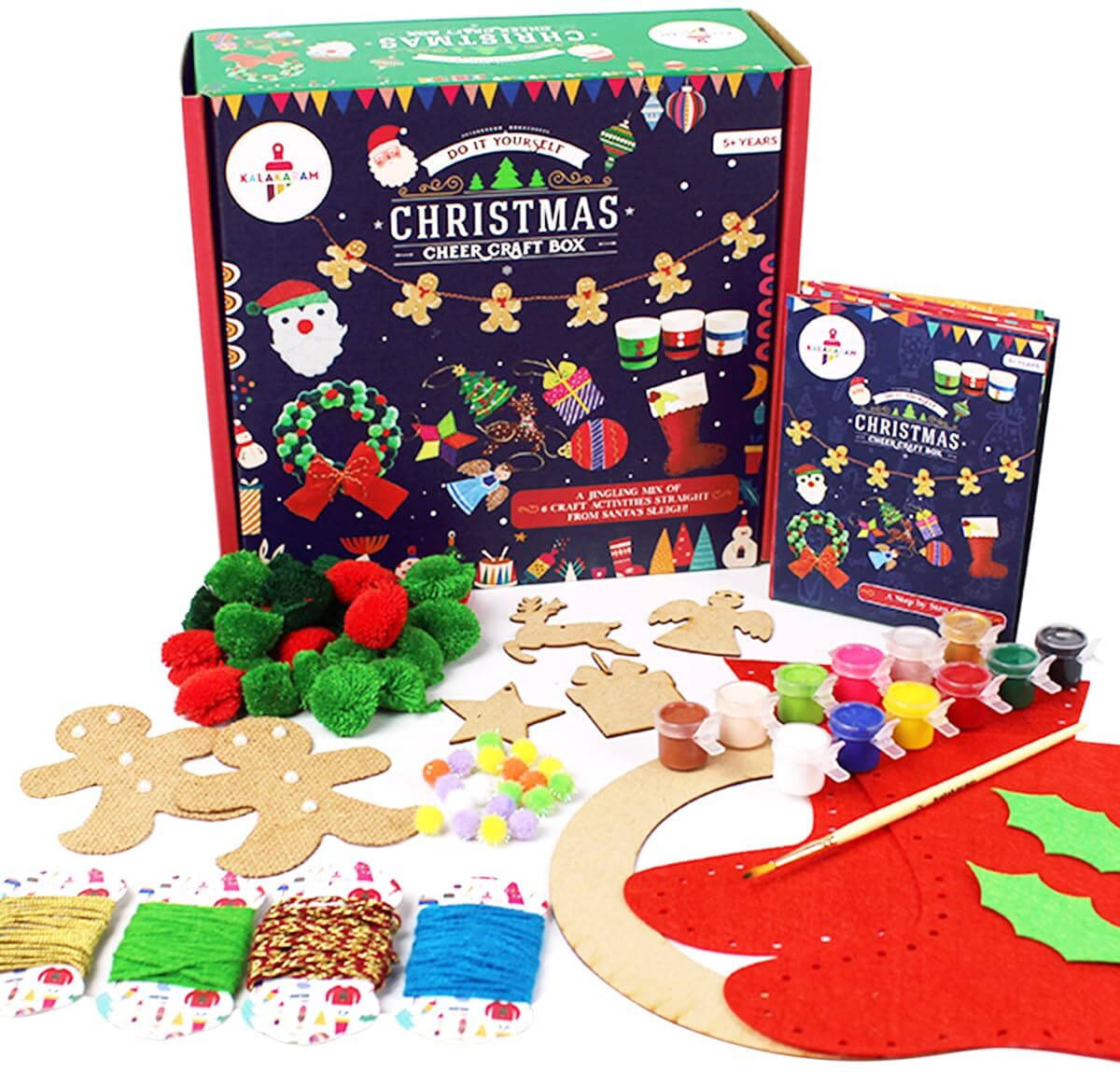     			Kalakaram Christmas Craft Box for Kids - 6-in-1 DIY Holiday Set with Ornaments, Stocking, Wreath & Santa Decorations, Christmas Gift for Kids (Ages 5-9)