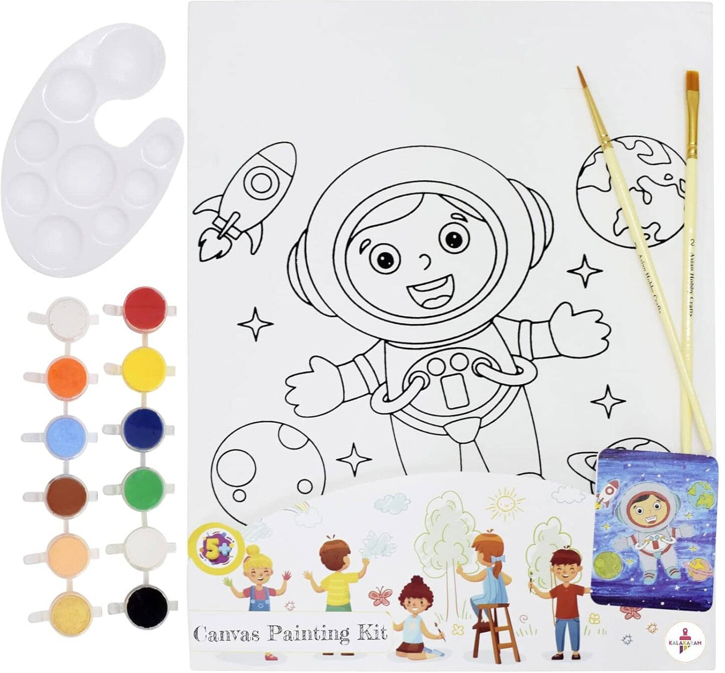     			Kalakaram DIY Canvas Painting Kit for Kids - Pre-Printed Designs Wooden Frame Canvas Board with Paint & Brush | Birthday Return Gift | Creative Painting Activity Kit for Children | Ages 4-12 | A4 Size - Space Boy