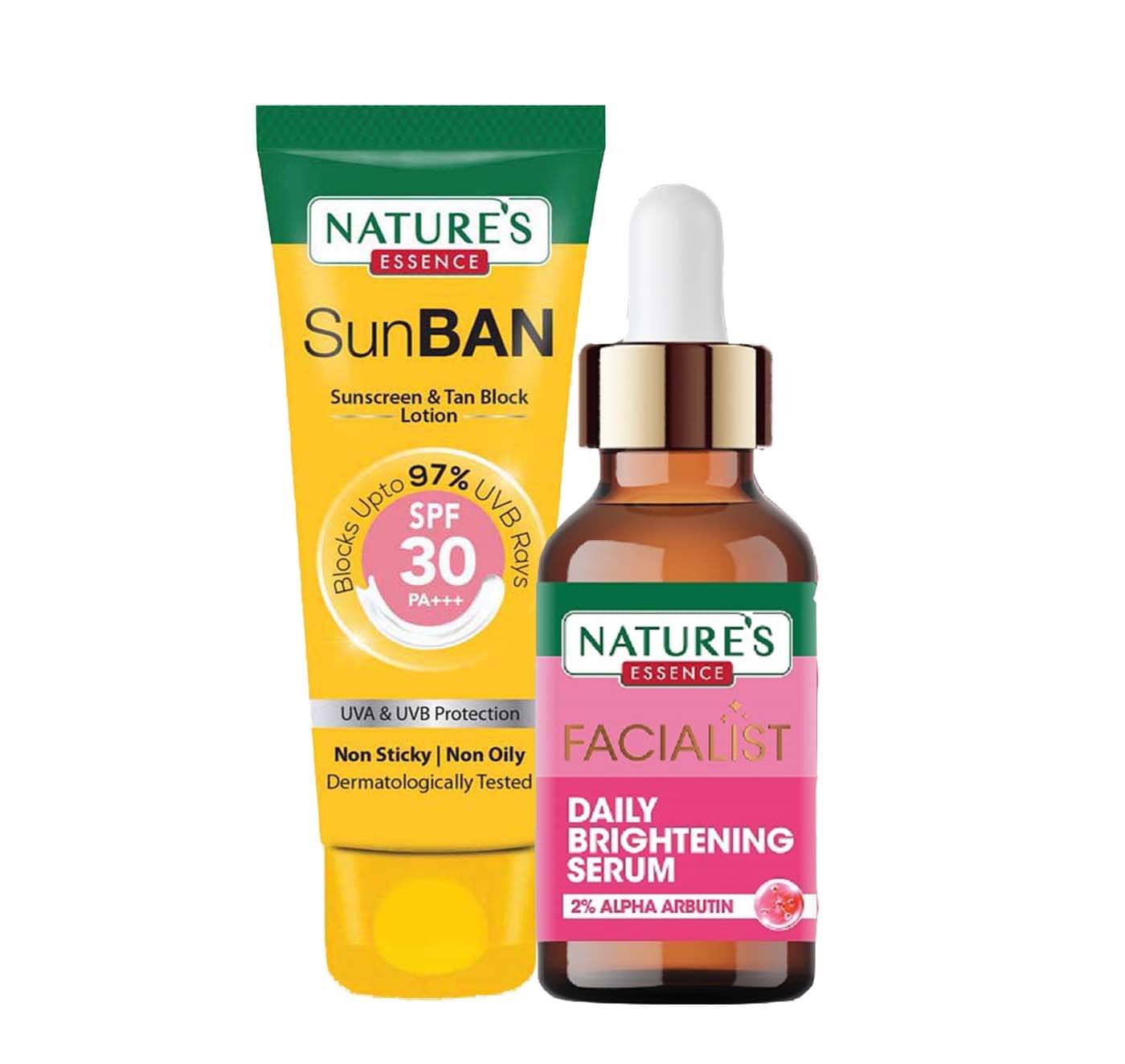 Nature's Essence Facialist Daily Brightening Serum 30ml + SunBan Sunscreen Spf 30 30ml (Pack of 2)     			Nature's Essence Facialist Daily Brightening Serum 30ml + SunBan Sunscreen Spf 30 30ml (Pack of 2)