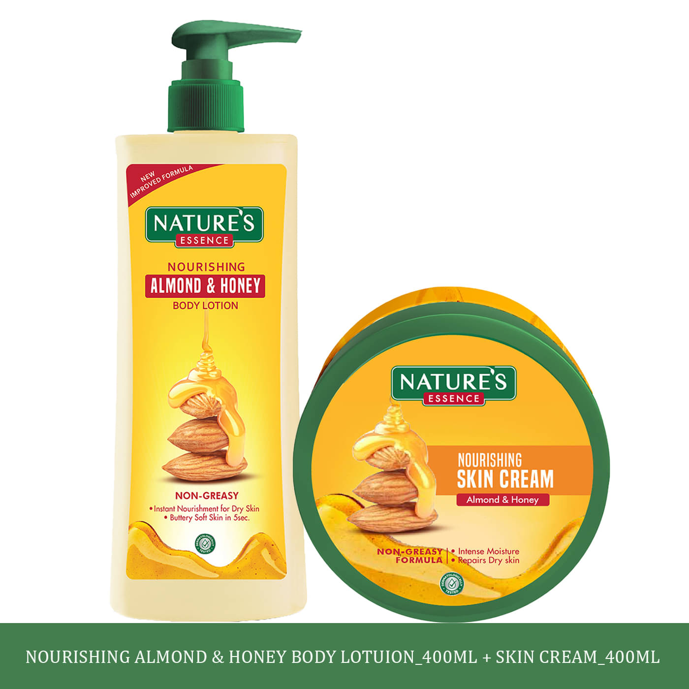 Nature's Essence Almond and Honey Nourishing Body Lotion 400ml + Skin Cream 400ml (Pack of 2) Nature's Essence Almond and Honey Nourishing Body Lotion 400ml + Skin Cream 400ml (Pack of 2)