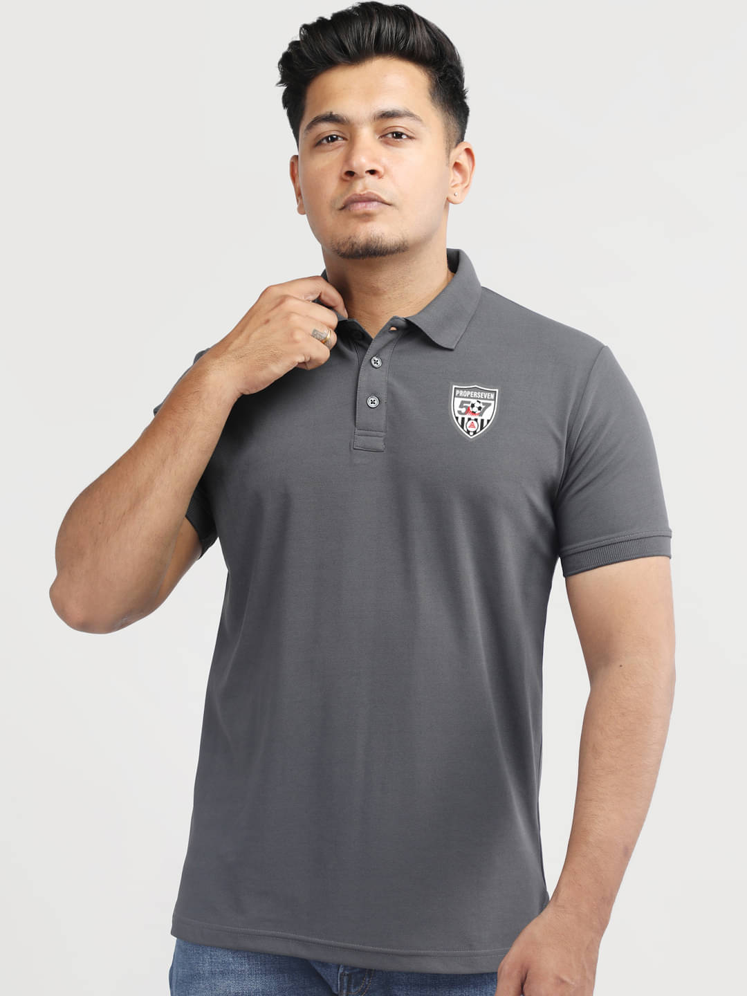     			PROPERSEVEN Men Polyester Regular Fit Solid Polo T Shirt ( Grey )