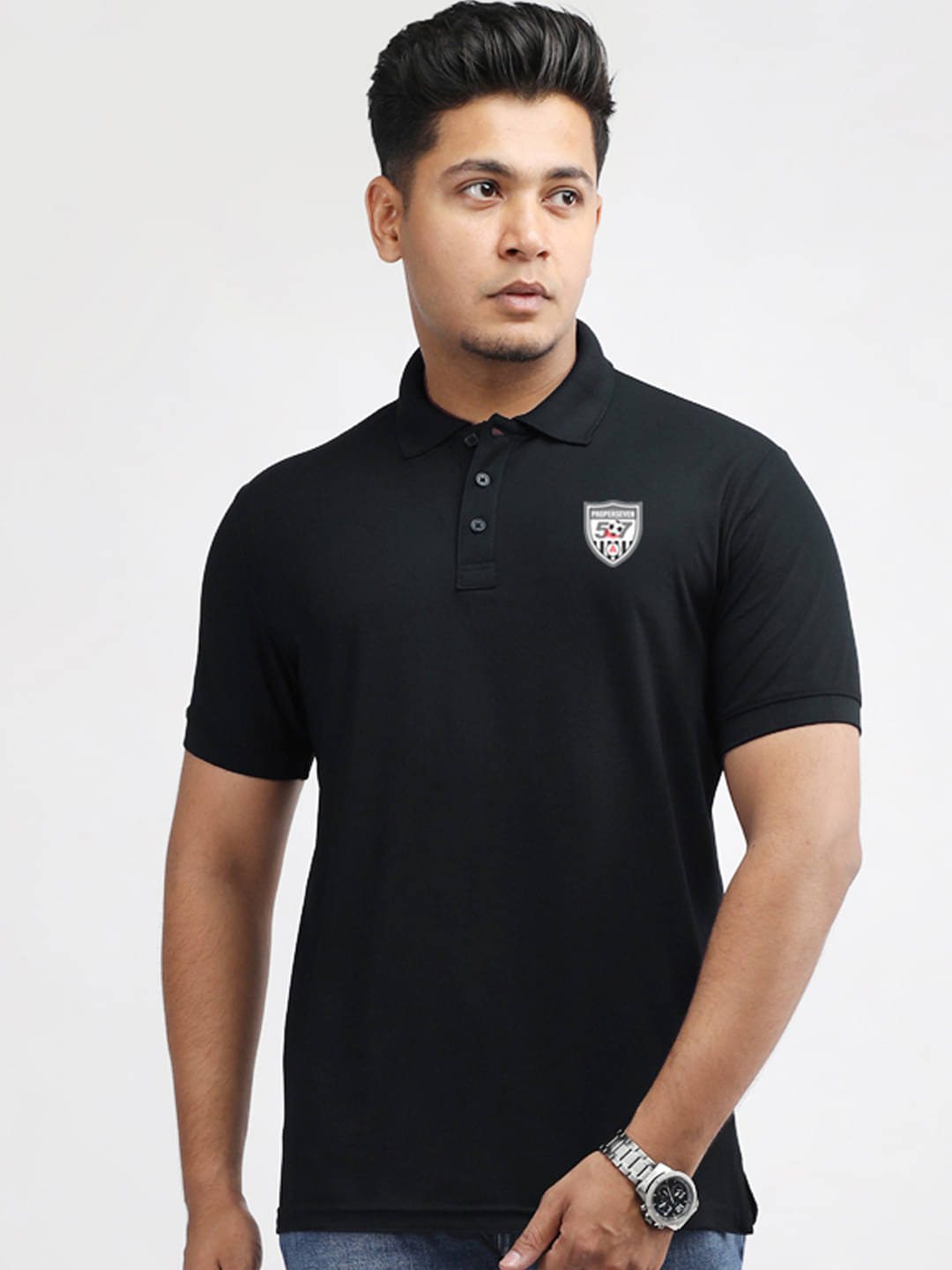 PROPERSEVEN Men Polyester Regular Fit Solid Polo T Shirt ( Black ) PROPERSEVEN Men Polyester Regular Fit Solid Polo T Shirt ( Black )