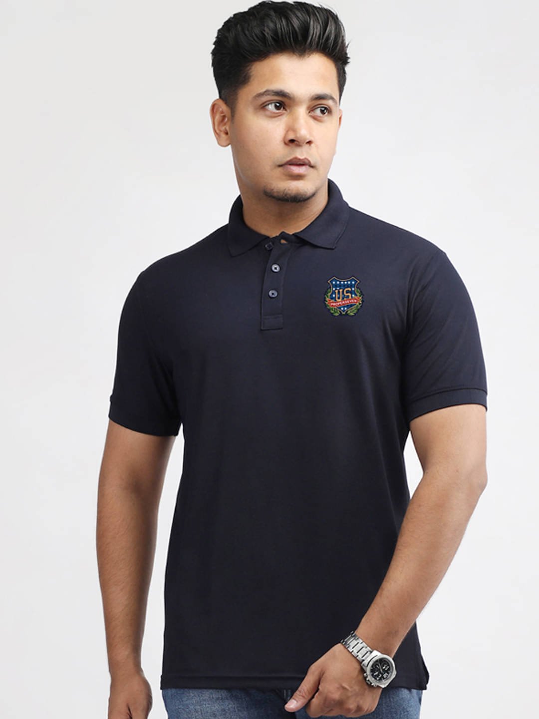     			PROPERSEVEN Men Polyester Regular Fit Solid Polo T Shirt ( Navy Blue )