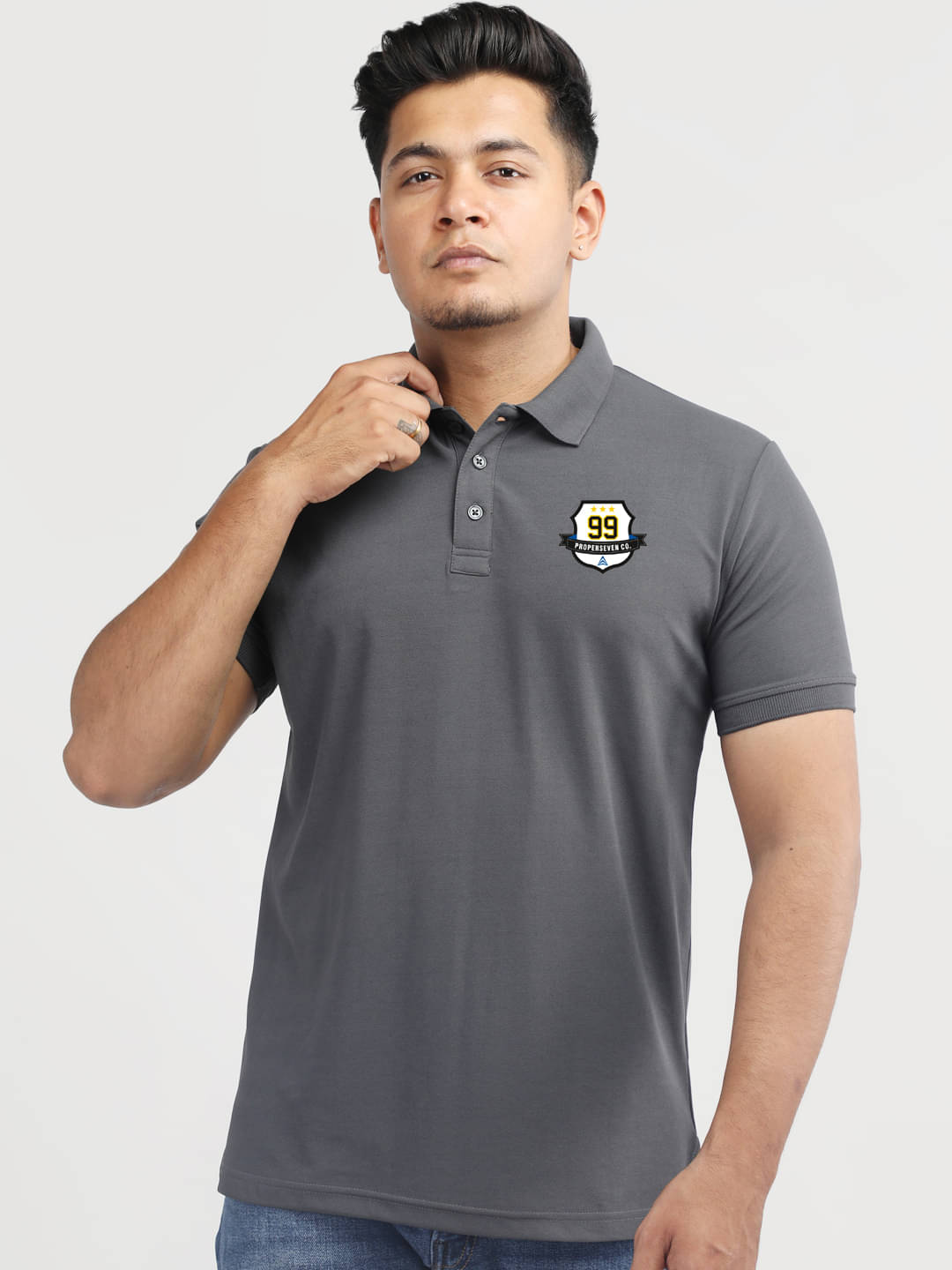     			PROPERSEVEN Men Polyester Regular Fit Solid Polo T Shirt ( Grey )