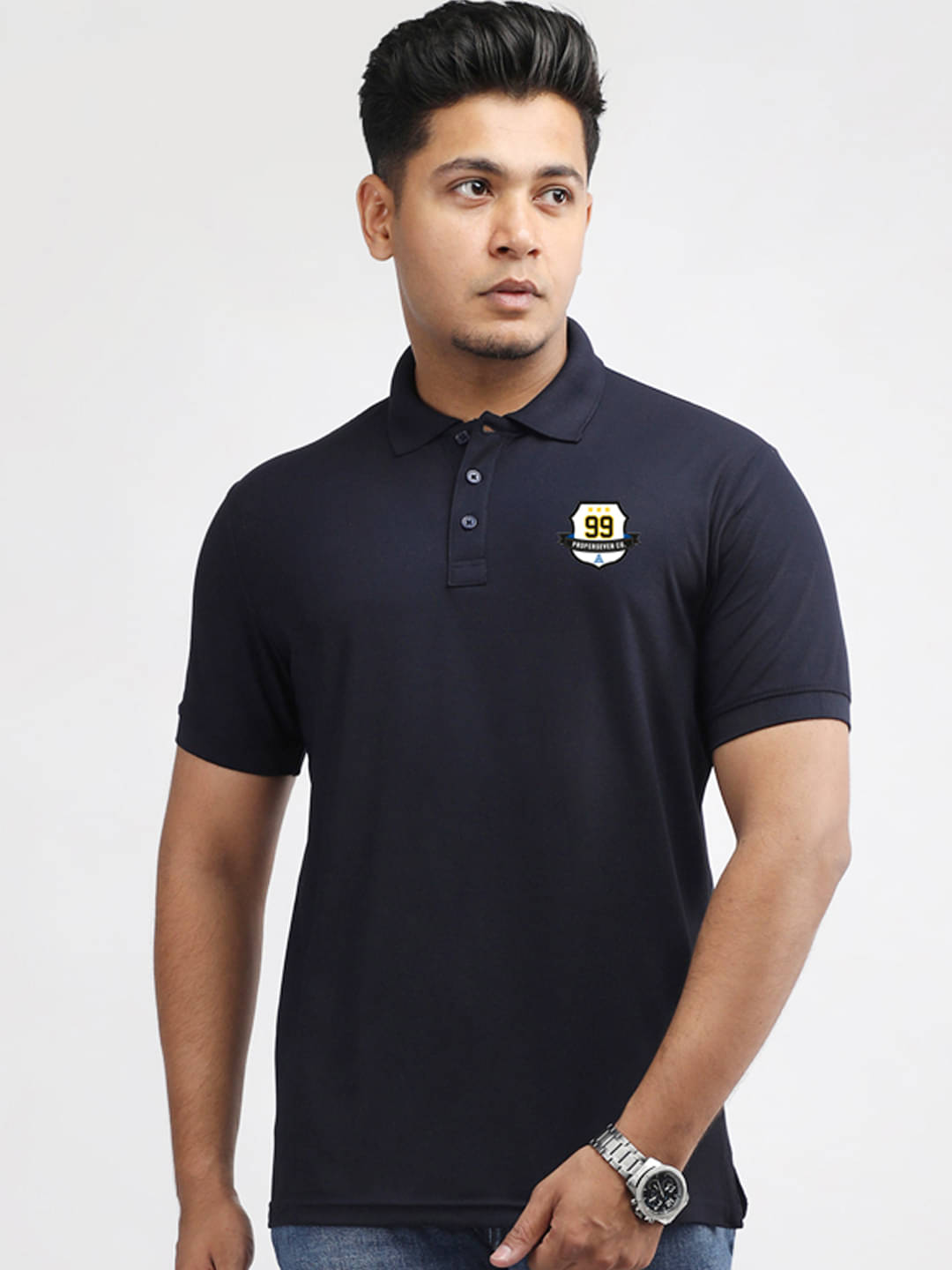     			PROPERSEVEN Men Polyester Regular Fit Solid Polo T Shirt ( Navy Blue )