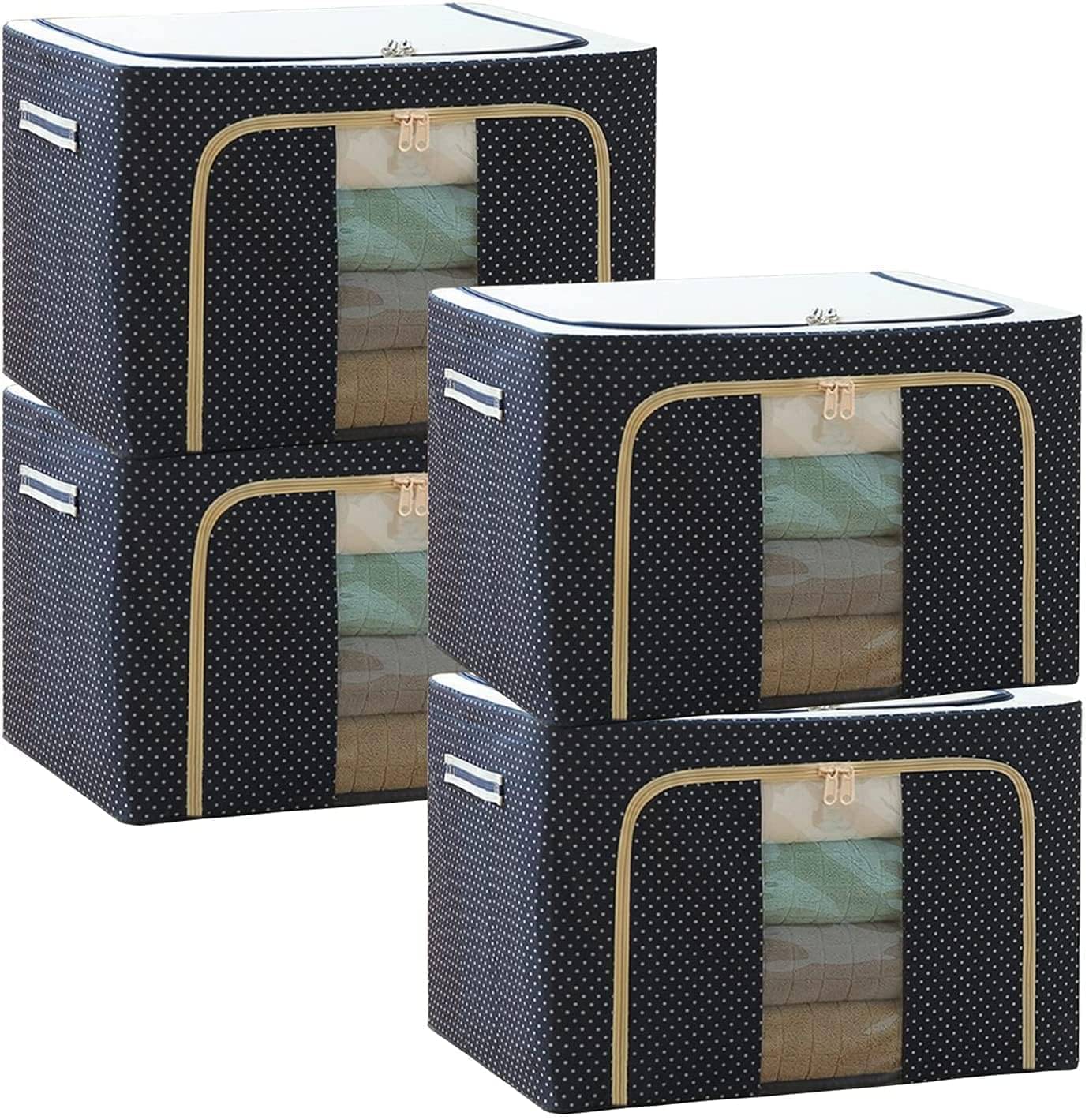     			SKYVILLA 66 LTR Foldable Steel Frame Cloths Zip Organizer Bag and Oxford Fabric Storage Living Cover Boxes For Wardrobe Shelves Clothes, Sarees, Bed Sheet, Blanket (Blue Polka, 66 Ltr - Pack of 4)