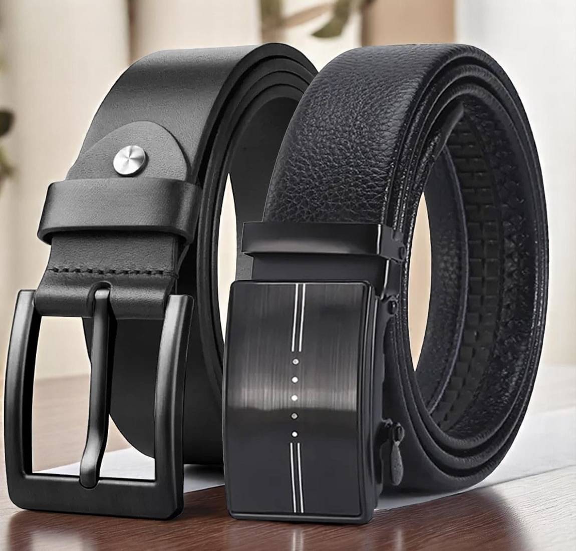 SUNSHOPPING - Black Leather Men's Formal Belt ( Pack of 2 ) SUNSHOPPING - Black Leather Men's Formal Belt ( Pack of 2 )