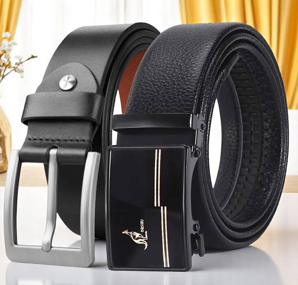 SUNSHOPPING - Black Leather Men's Formal Belt ( Pack of 2 ) SUNSHOPPING - Black Leather Men's Formal Belt ( Pack of 2 )