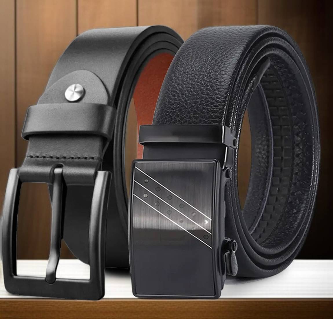     			SUNSHOPPING - Black Leather Men's Formal Belt ( Pack of 2 )