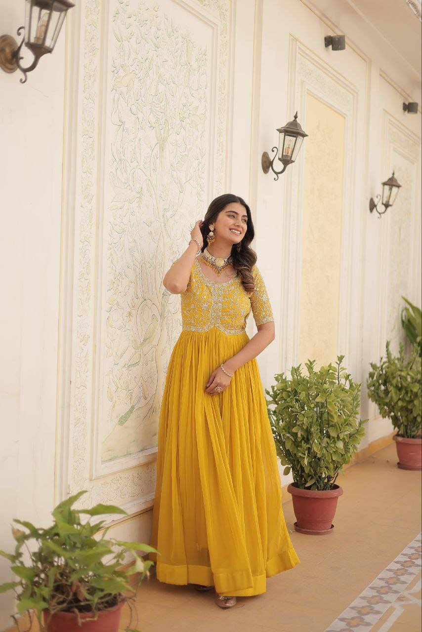    			keshav fashion Women Georgette Anarkali Stitched Ethnic Gown ( Yellow )