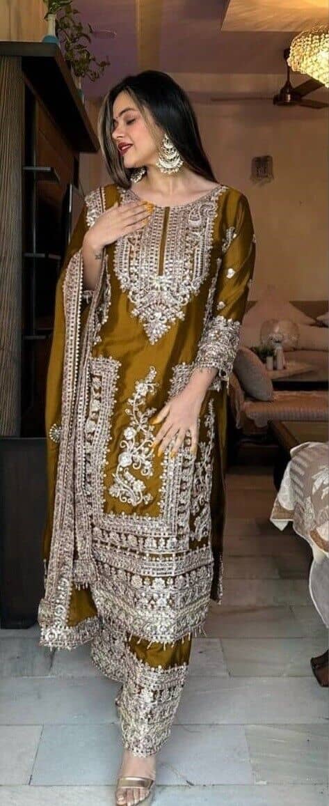 piludi Women Silk Blend Embroidered Straight Kurti With Pants ( Mustard )