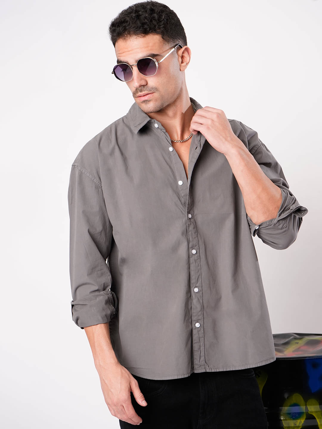     			Bene Kleed 100% Cotton Oversized Fit Solids Full Sleeves Men's Casual Shirt - Grey ( Pack of 1 )