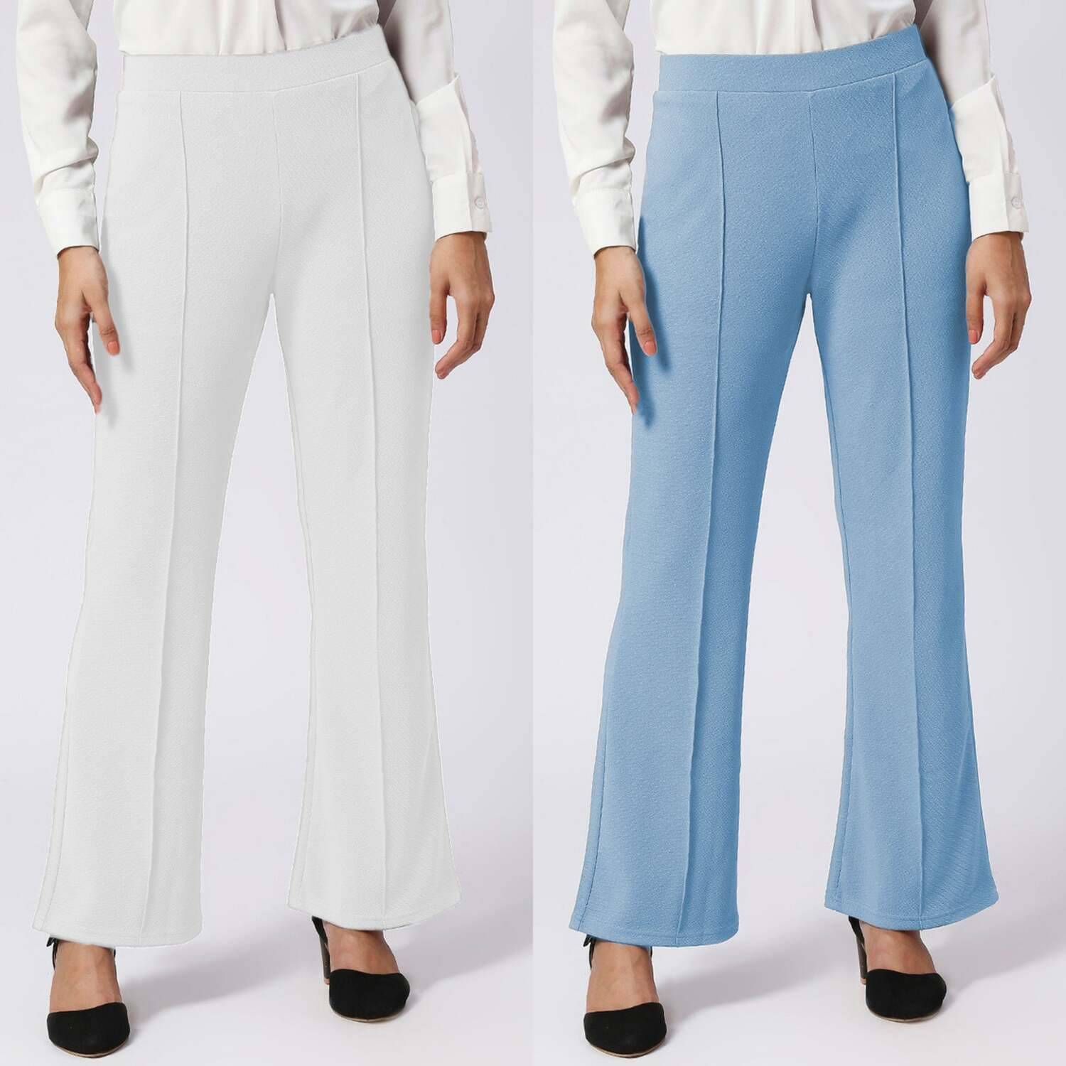     			CITYTALK Pack of 2 Lycra Straight Women's Casual Pants ( White,Light Blue )