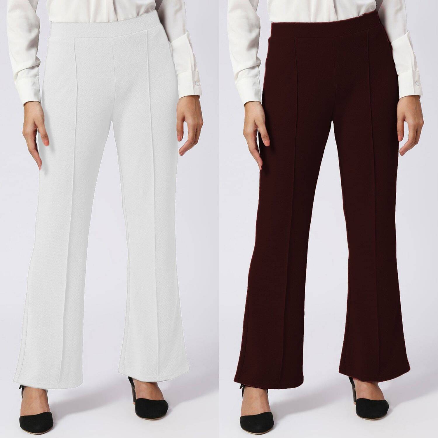     			CITYTALK Pack of 2 Lycra Straight Women's Casual Pants ( White,Wine )