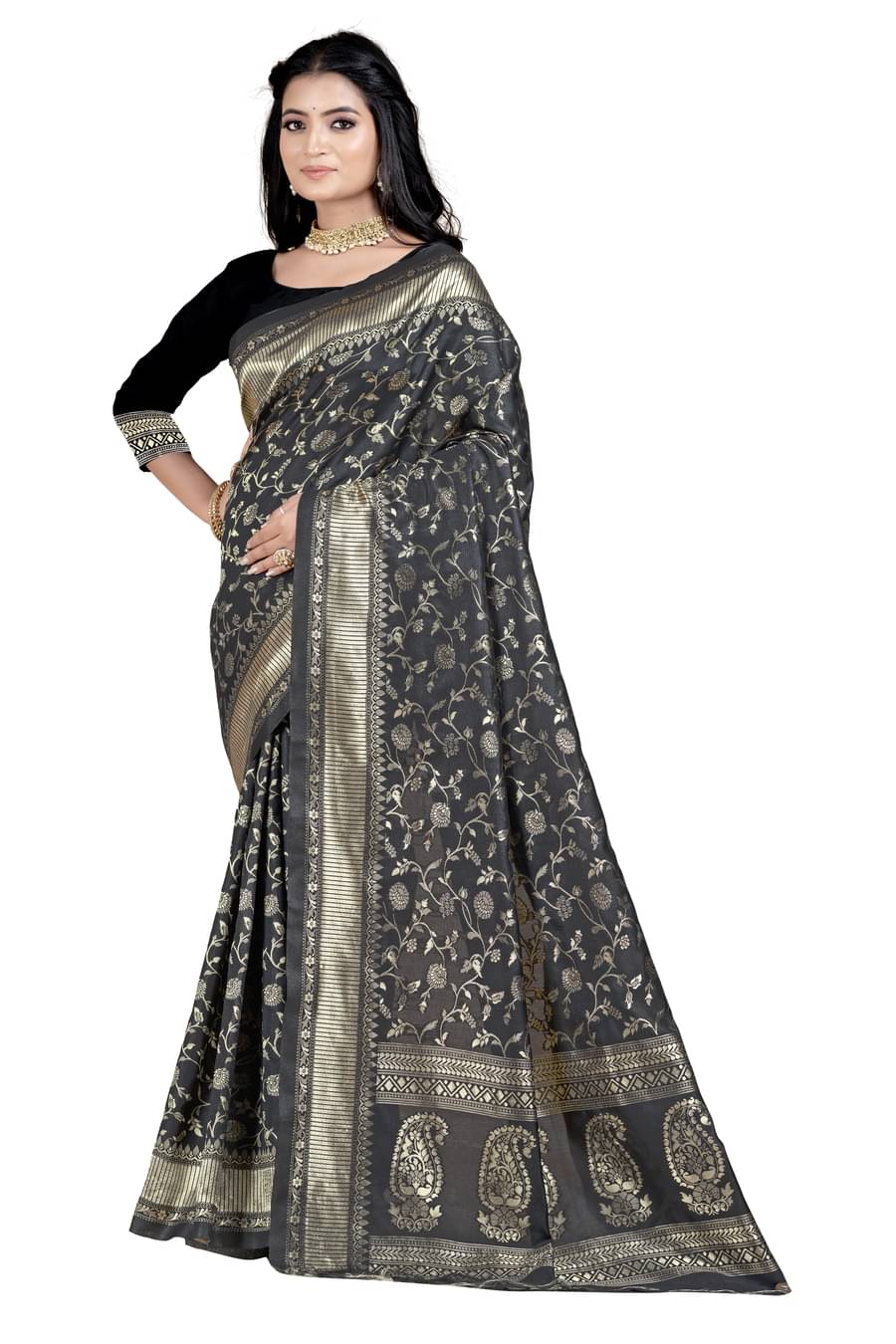 DHAYNA AND REEWA FASHION Jacquard Woven Saree With Unstitched Blouse Piece ( Black ) DHAYNA AND REEWA FASHION Jacquard Woven Saree With Unstitched Blouse Piece ( Black )