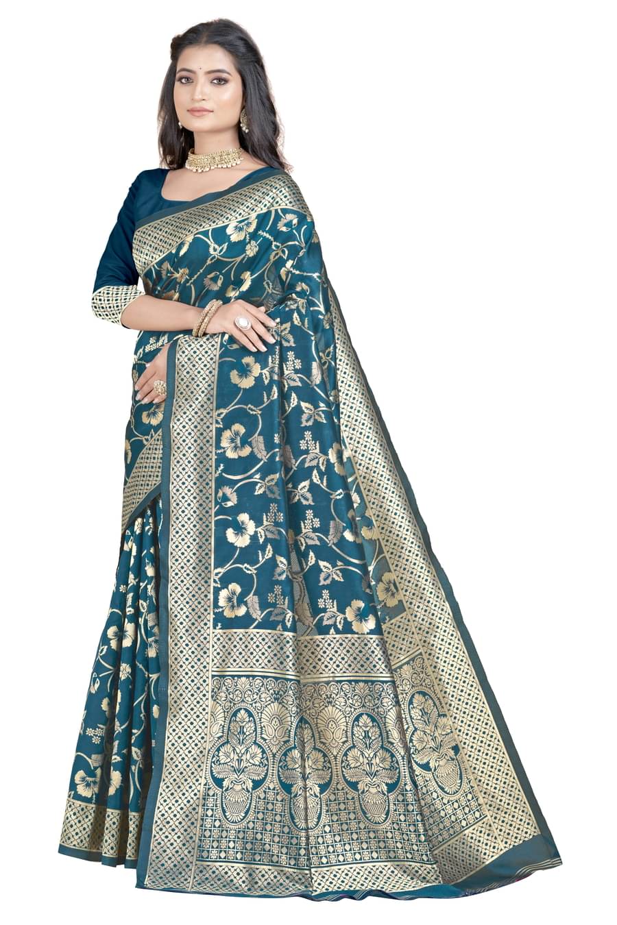 DHAYNA AND REEWA FASHION Jacquard Woven Saree With Unstitched Blouse Piece ( Teal )     			DHAYNA AND REEWA FASHION Jacquard Woven Saree With Unstitched Blouse Piece ( Teal )