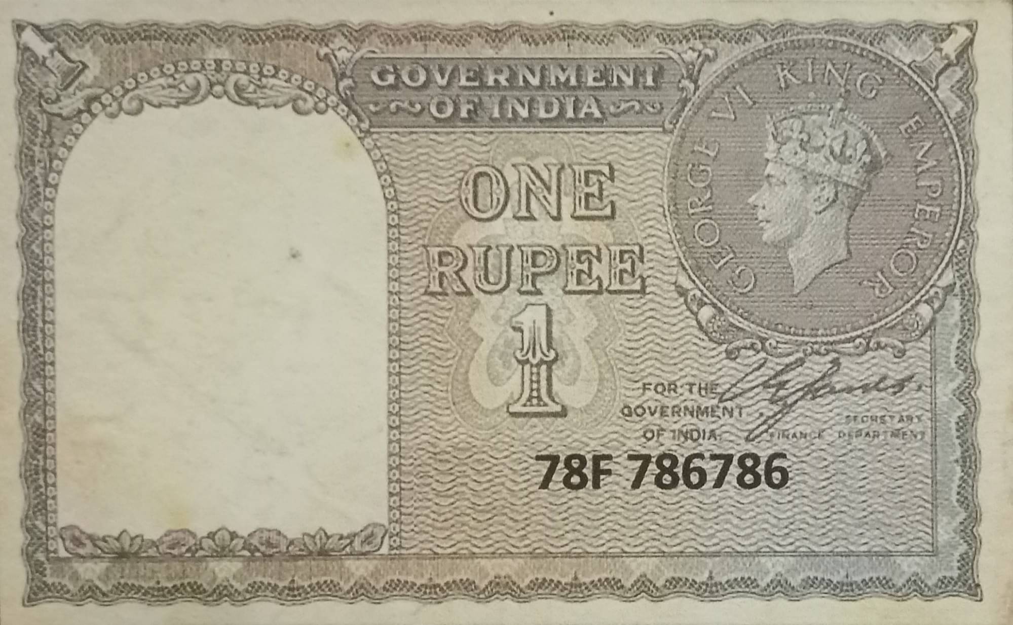     			Extremely Rare Old Vintage British India George VI One Rupee with Super Fancy Number 786786 Replica / Fancy Note