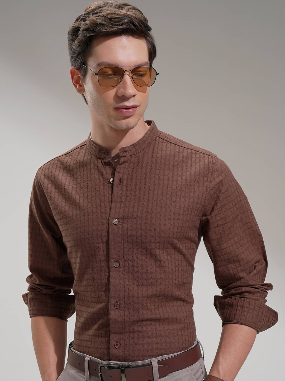     			Highlander 100% Cotton Slim Fit Self Design Full Sleeves Men's Casual Shirt - Brown ( Pack of 1 )