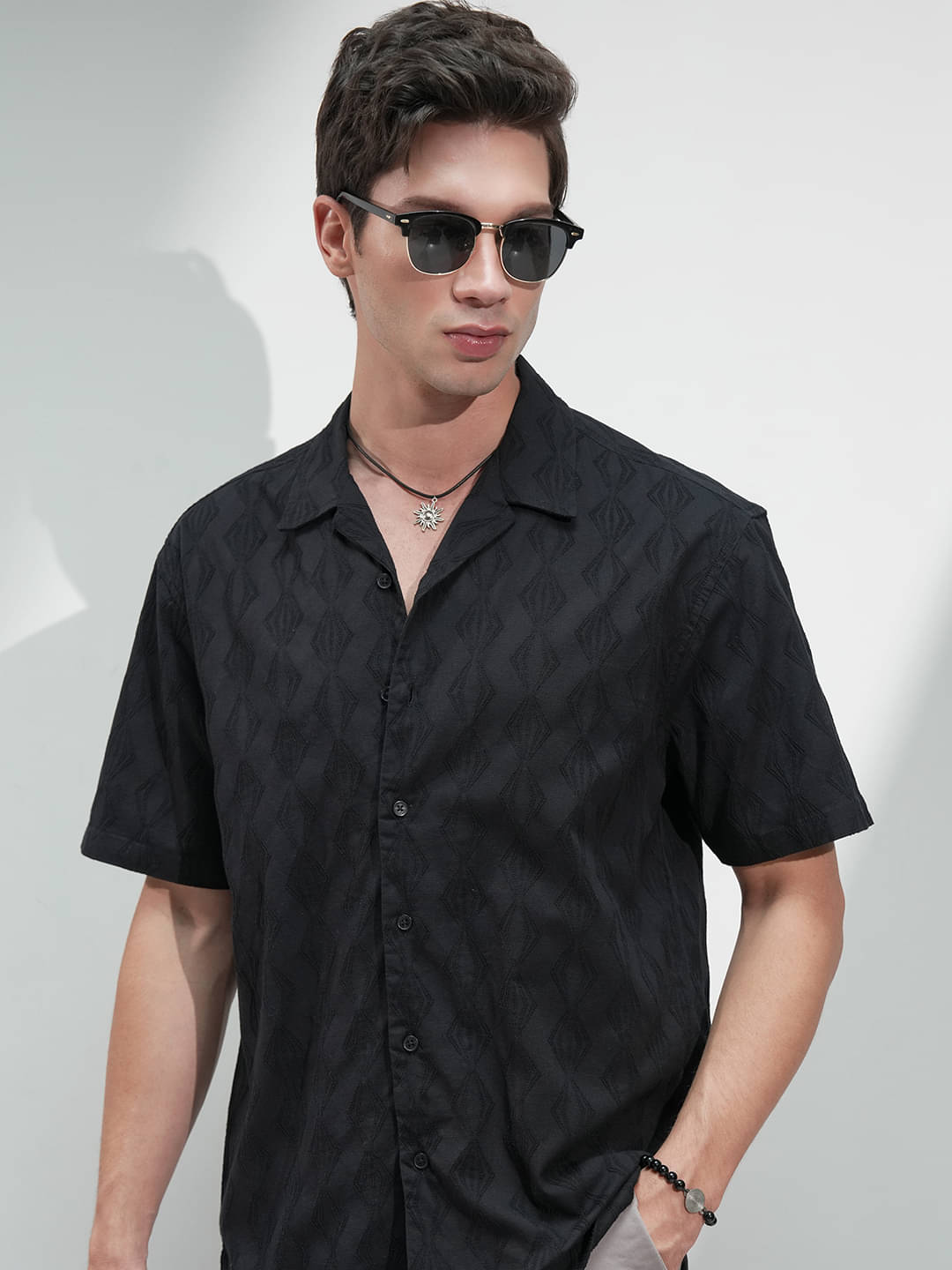 Highlander Cotton Blend Relaxed Fit Self Design Half Sleeves Men's Casual Shirt - Black ( Pack of 1 ) Highlander Cotton Blend Relaxed Fit Self Design Half Sleeves Men's Casual Shirt - Black ( Pack of 1 )