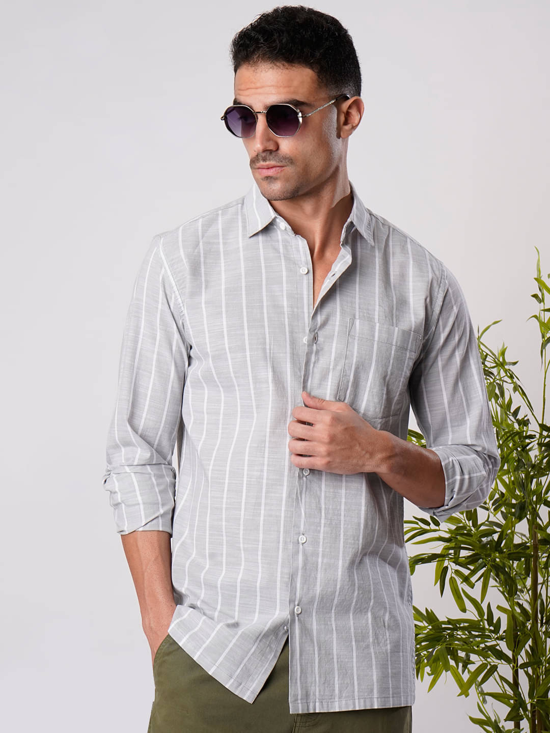     			IVOC 100% Cotton Regular Fit Striped Full Sleeves Men's Casual Shirt - Grey ( Pack of 1 )