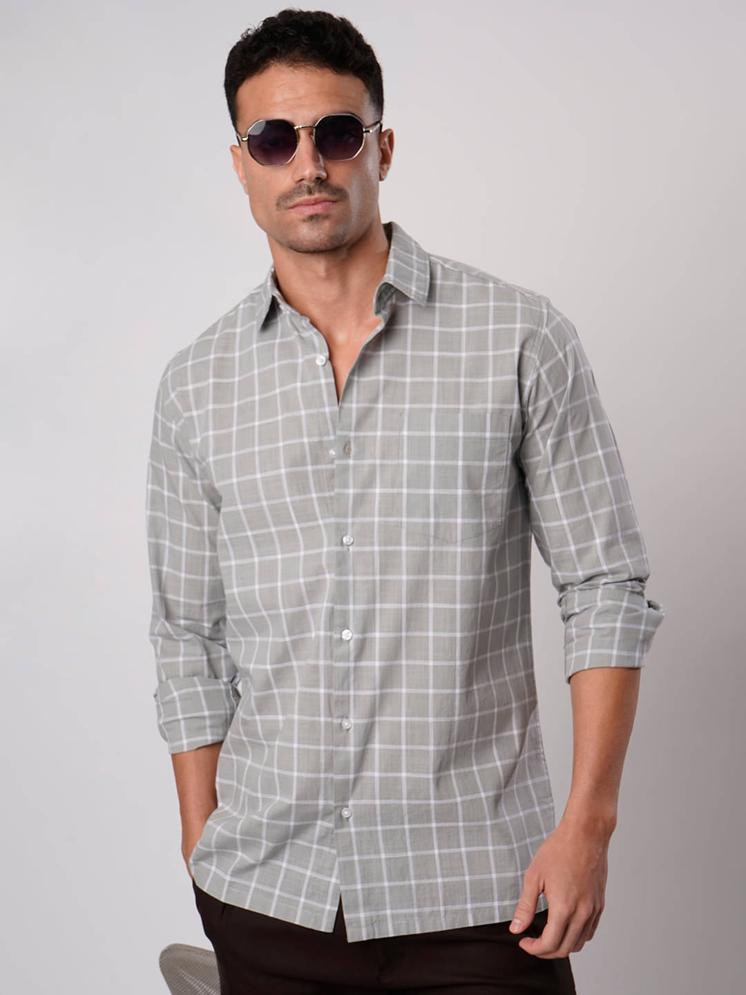     			IVOC 100% Cotton Regular Fit Checks Full Sleeves Men's Casual Shirt - Grey ( Pack of 1 )
