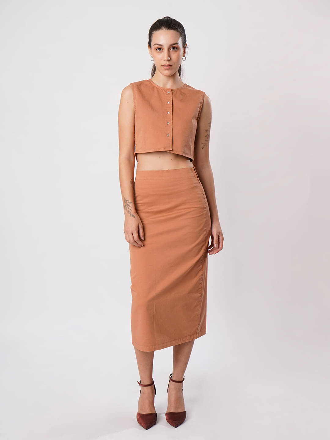     			IVOC Women Solid Top With Skirt Co-Ord Set ( Beige )