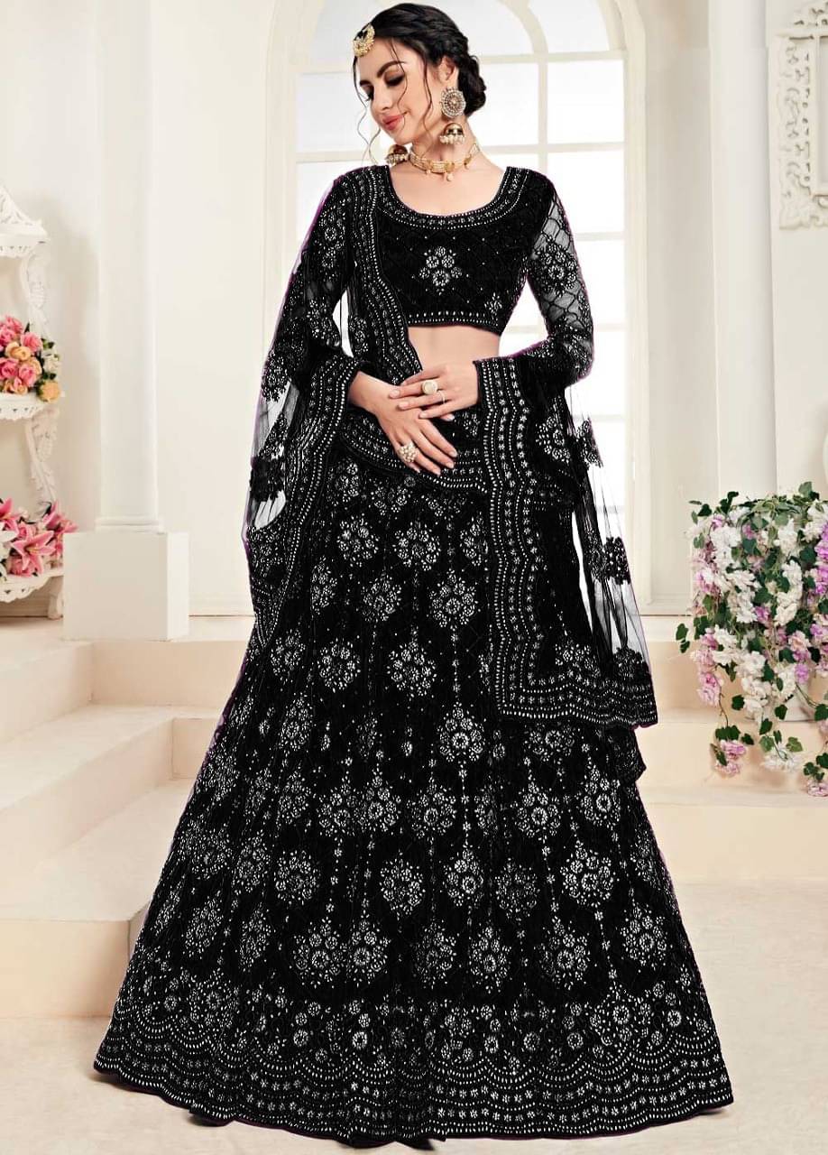     			Keyura Black,White Net Unstitched Semi Stitched Lehenga Single