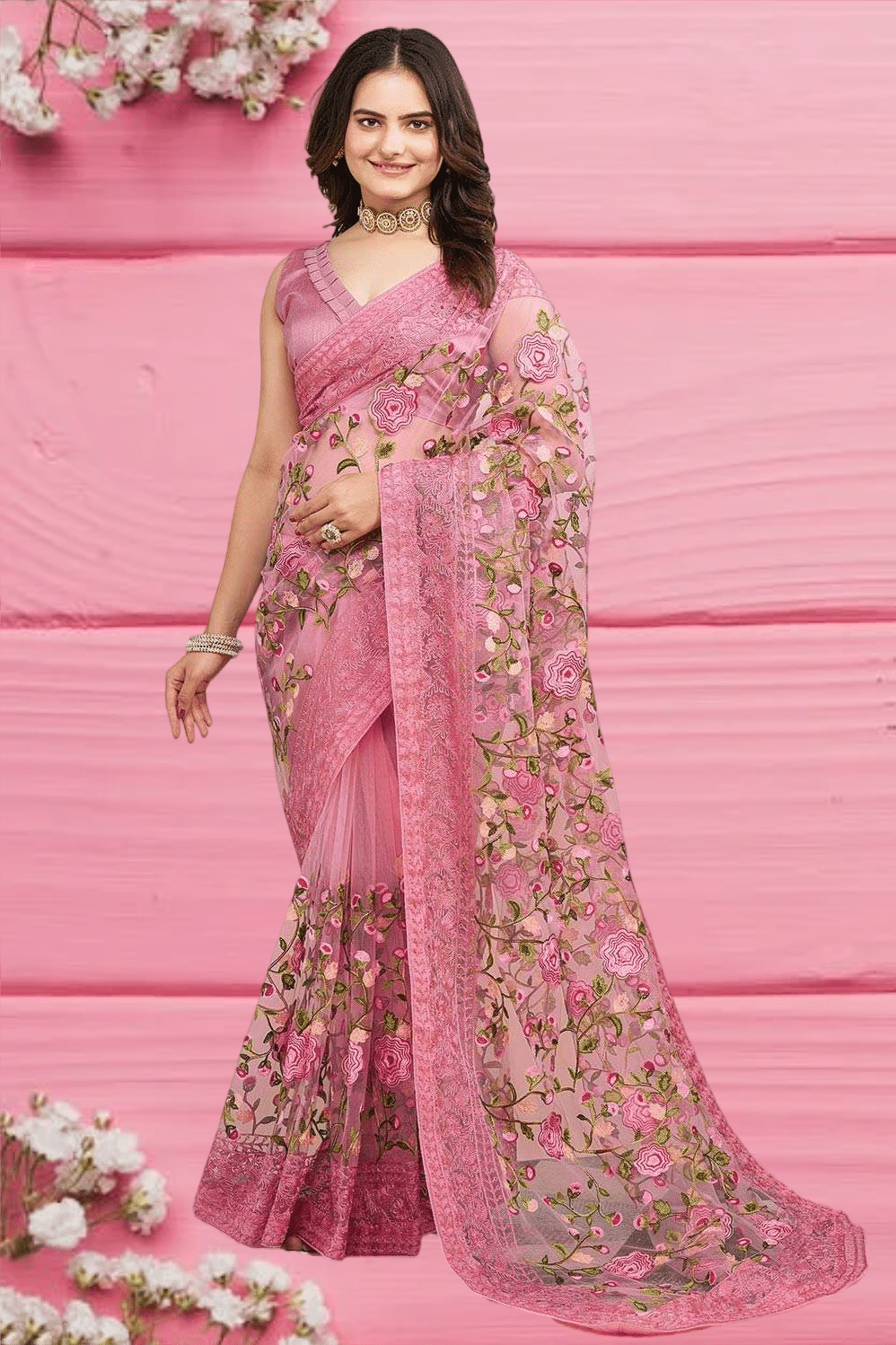     			Keyura Net Embroidered Saree With Unstitched Blouse Piece ( Pink )