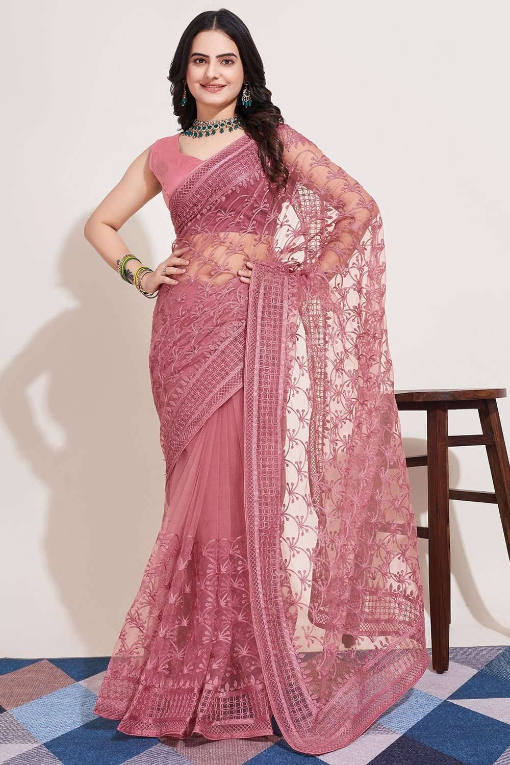 Keyura Net Embroidered Saree With Unstitched Blouse Piece ( Pink ) Keyura Net Embroidered Saree With Unstitched Blouse Piece ( Pink )