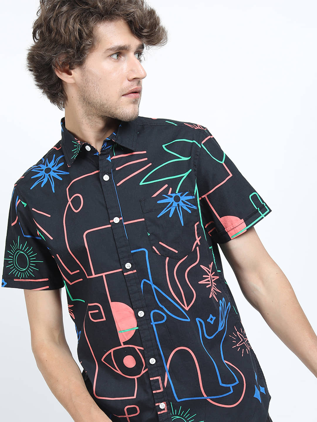 Locomotive 100% Cotton Slim Fit Printed Half Sleeves Men's Casual Shirt - Black ( Pack of 1 )