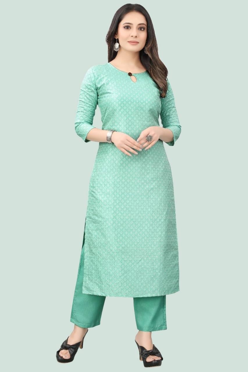 MEHUL TEXTILE / MVC GROUP OF COMPANY Women Cotton Silk Self Design Straight Kurti With Pants ( Blue ) MEHUL TEXTILE / MVC GROUP OF COMPANY Women Cotton Silk Self Design Straight Kurti With Pants ( Blue )