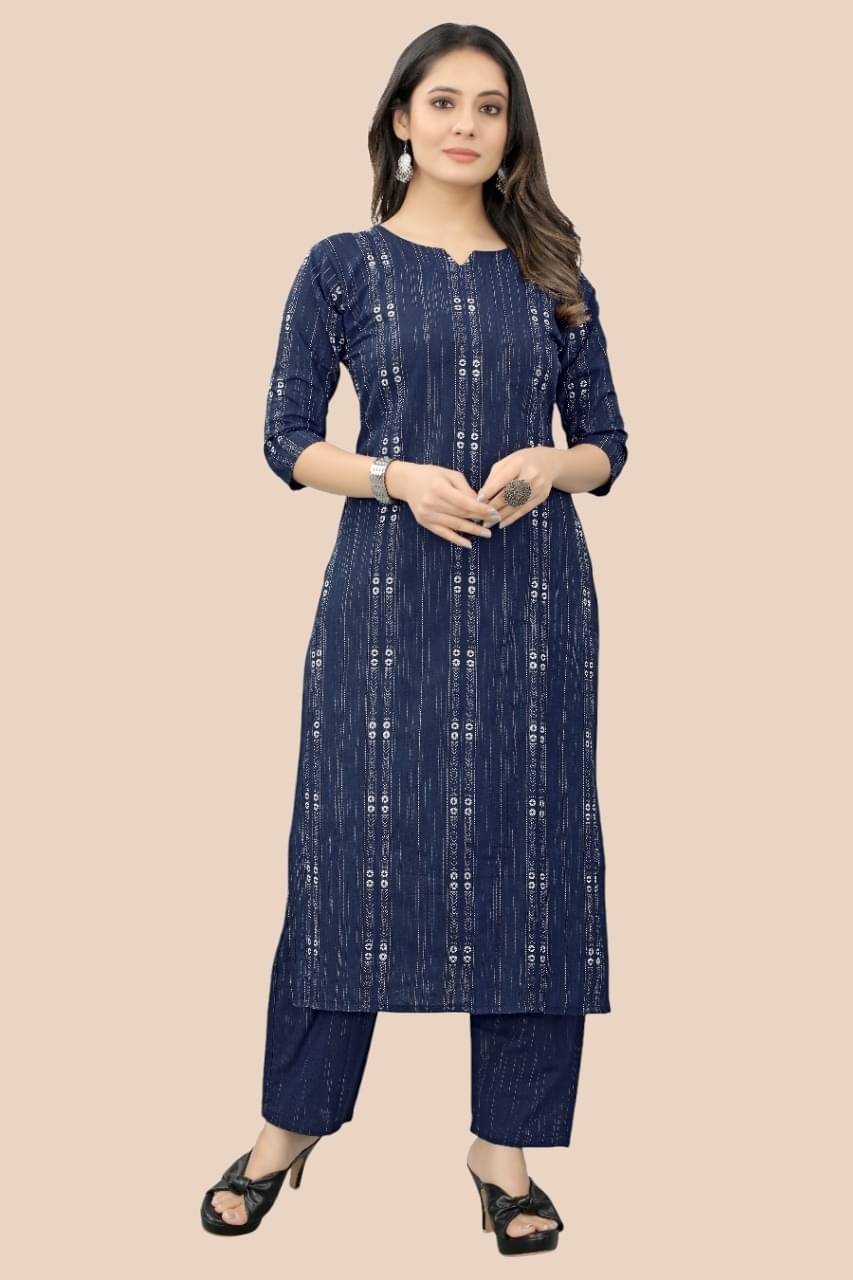 MEHUL TEXTILE / MVC GROUP OF COMPANY Women Cotton Striped Straight Kurti With Pants ( Navy Blue ) MEHUL TEXTILE / MVC GROUP OF COMPANY Women Cotton Striped Straight Kurti With Pants ( Navy Blue )