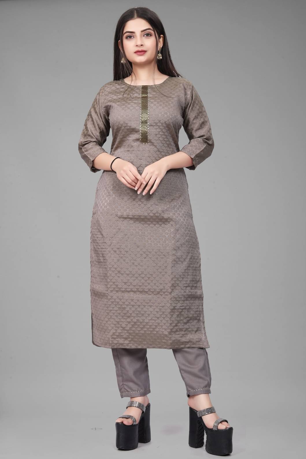 MEHUL TEXTILE / MVC GROUP OF COMPANY Women Cotton Silk Self Design Straight Kurti With Pants ( Brown ) MEHUL TEXTILE / MVC GROUP OF COMPANY Women Cotton Silk Self Design Straight Kurti With Pants ( Brown )