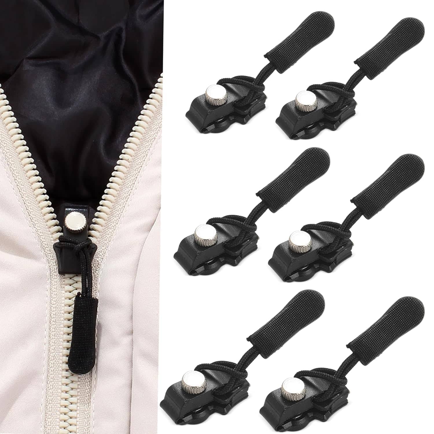 Magnique 8 Pcs Zipper Combo Repair Kit, Instant Zipper Sliders with Nylon Pull Tabs Cords, Replacement Plastic Zipper Pull for Sliding Teeth, Universal Screw Fix Removable Zippers for Bags, Garments, Shoes