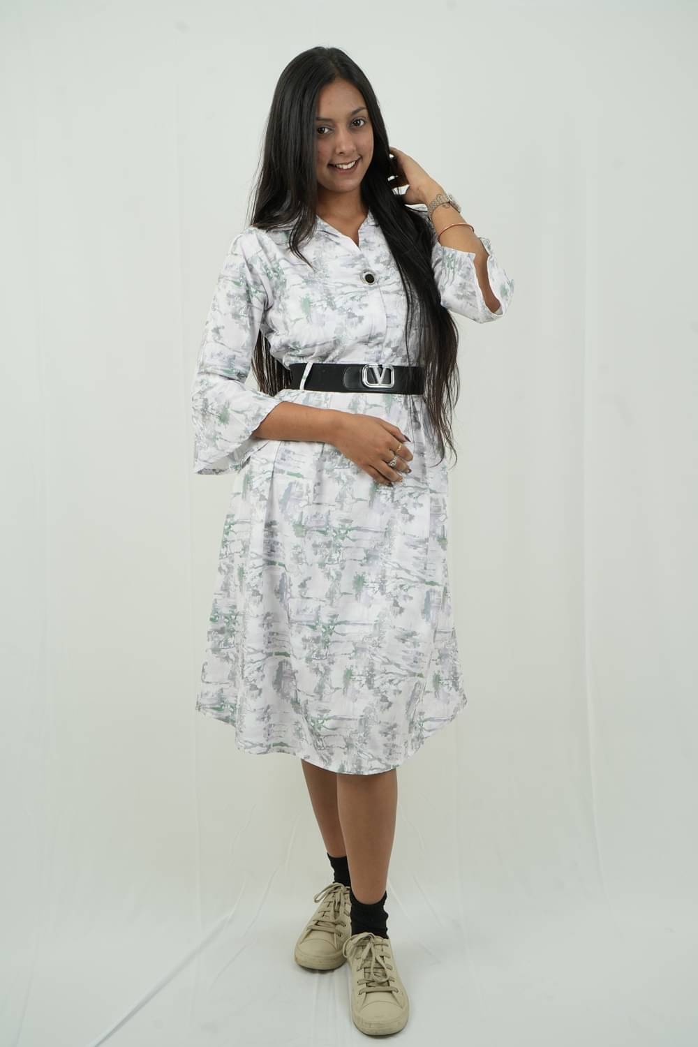     			Ridaa Women's Georgette Printed A-line Dress ( Light Grey )