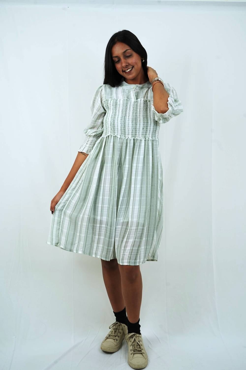     			Ridaa Women's Georgette Striped A-line Dress ( Green )