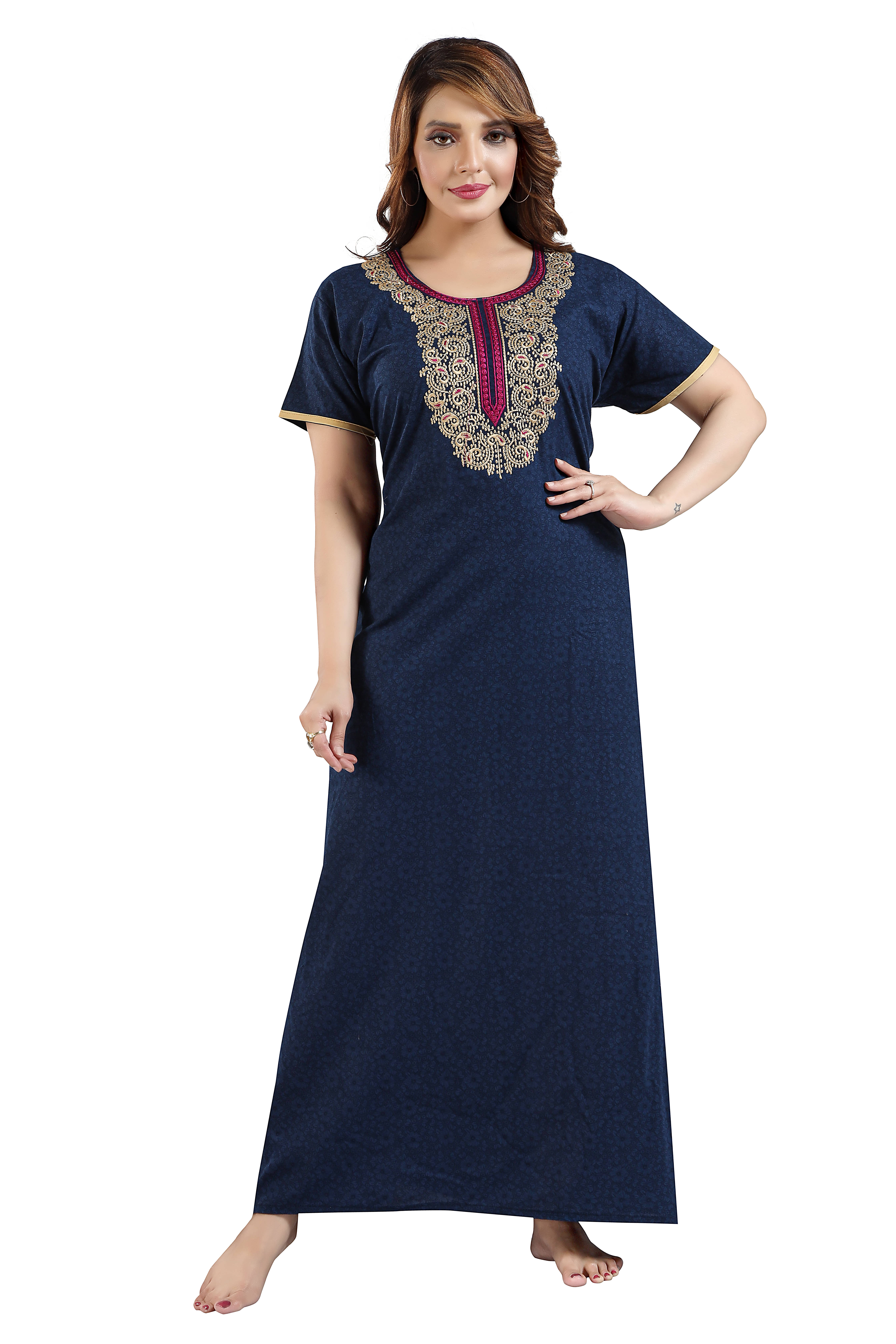     			SHLOKE Navy Blue Cotton Women's Nightwear Nighty & Night Gowns ( Pack of 1 )