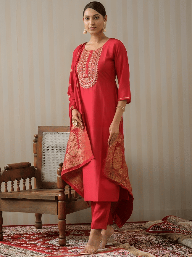 STAVROZ FASHION Women Cotton Silk Embroidered Straight Kurti With Pants ( Pink ) STAVROZ FASHION Women Cotton Silk Embroidered Straight Kurti With Pants ( Pink )