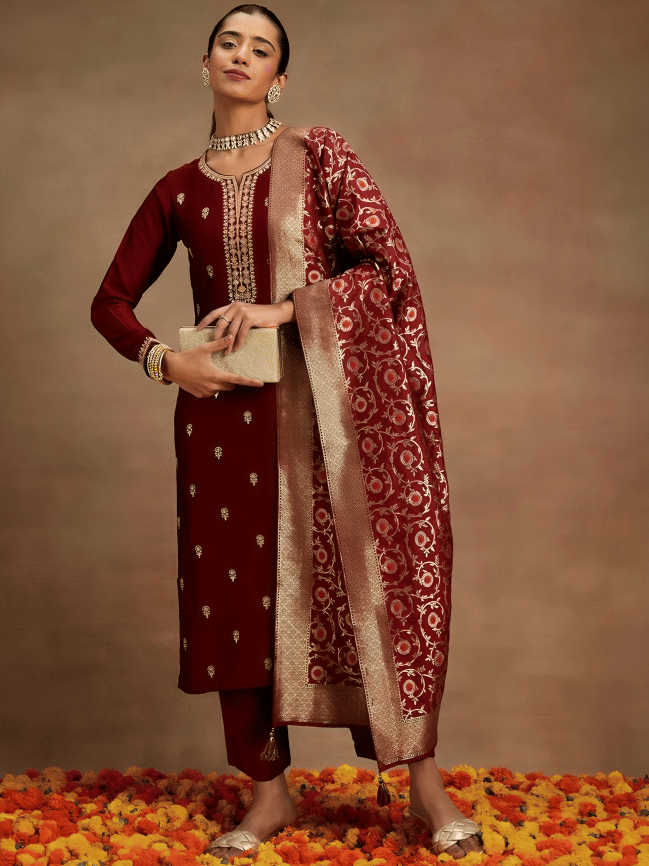 STAVROZ FASHION Women Cotton Silk Embellished Straight Kurti With Pants ( Maroon ) STAVROZ FASHION Women Cotton Silk Embellished Straight Kurti With Pants ( Maroon )