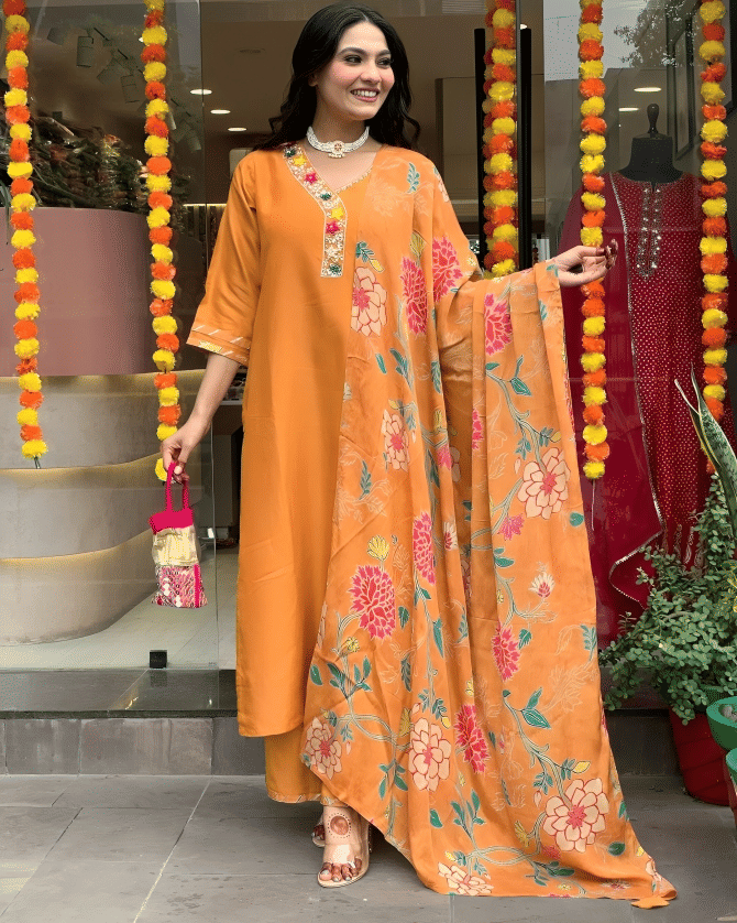 STAVROZ FASHION Women Cotton Silk Embroidered Straight Kurti With Palazzo ( Orange ) STAVROZ FASHION Women Cotton Silk Embroidered Straight Kurti With Palazzo ( Orange )