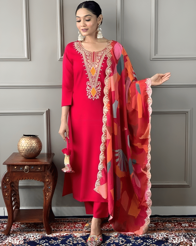     			STAVROZ FASHION Women Cotton Silk Embroidered Straight Kurti With Pants ( Red )