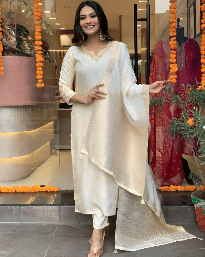     			STAVROZ FASHION Women Cotton Silk Embroidered Straight Kurti With Salwar ( Off White )