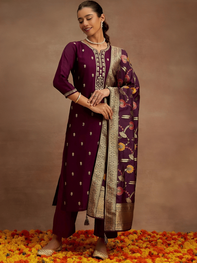     			STAVROZ FASHION Women Cotton Silk Embellished Straight Kurti With Pants ( Maroon )