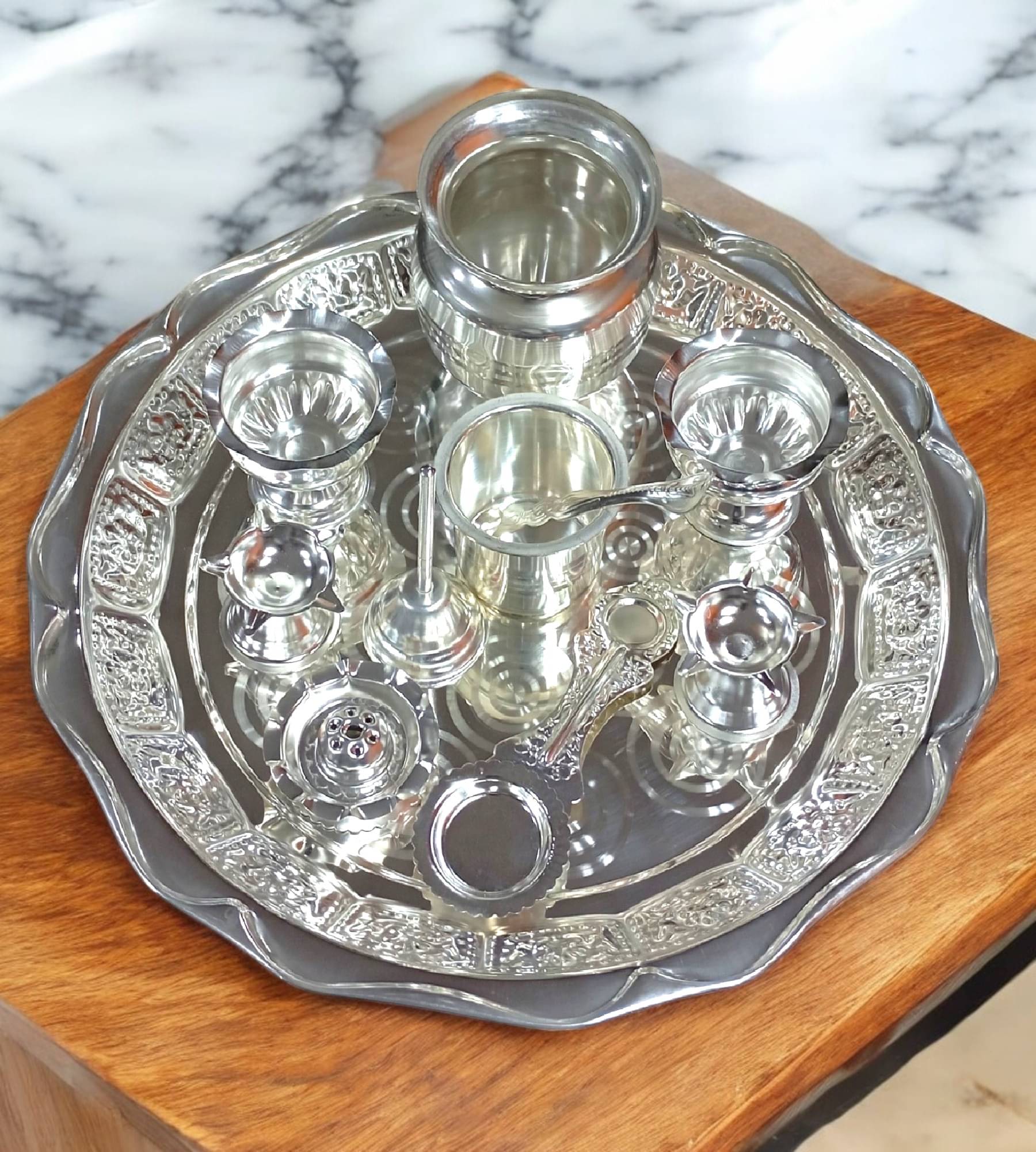 Sigaram Silver Plated Pooja Thali Arathi Set for Home Temple Pooja Festival K4709 Sigaram Silver Plated Pooja Thali Arathi Set for Home Temple Pooja Festival K4709