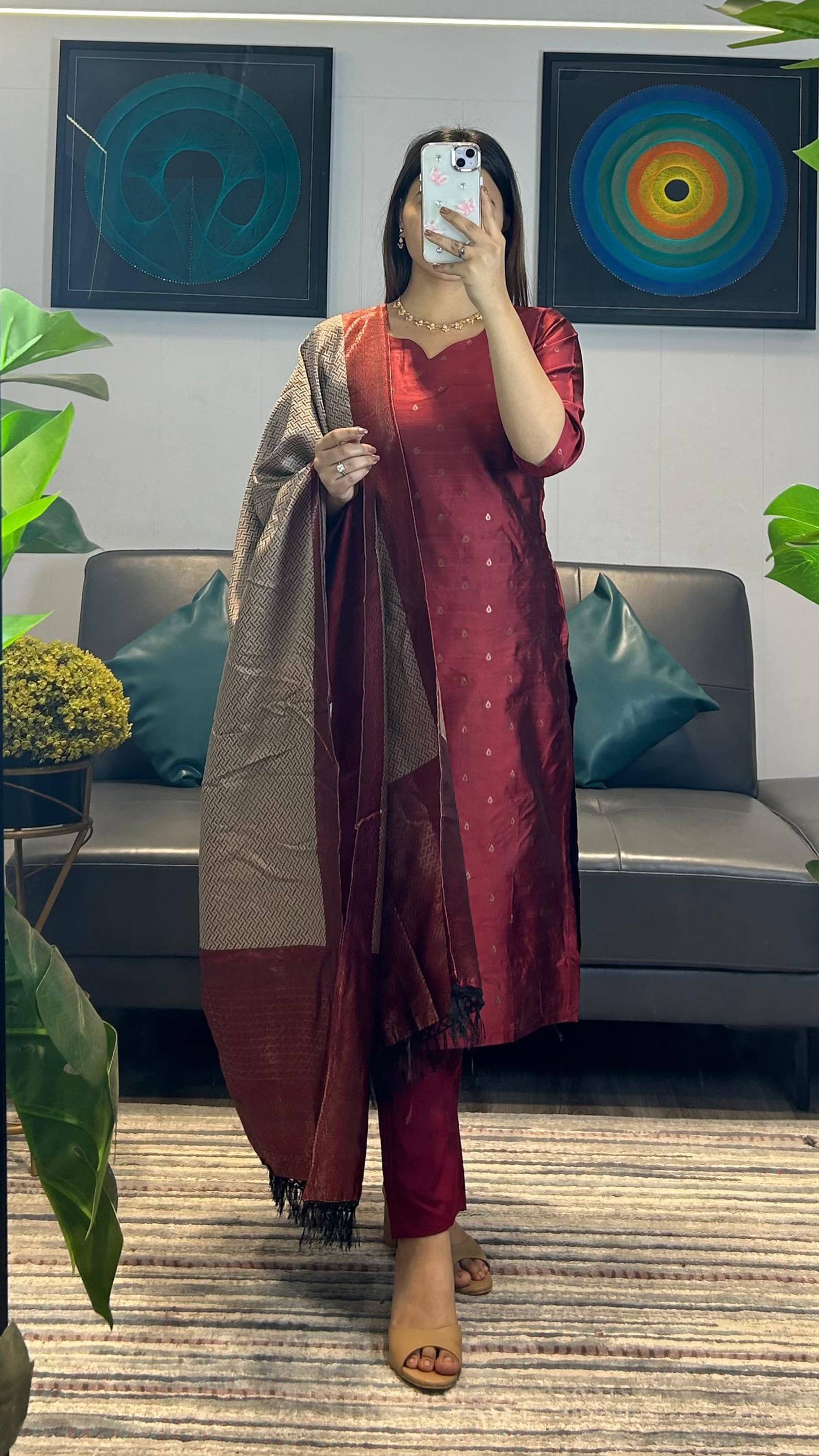 Trijal Fab Women Silk Blend Self Design Straight Kurti With Pants ( Maroon )