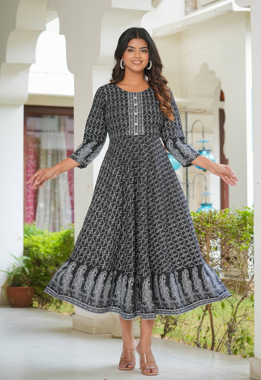 Yash Gallery Women's Rayon Printed Anarkali Kurti - ( Black ) Yash Gallery Women's Rayon Printed Anarkali Kurti - ( Black )