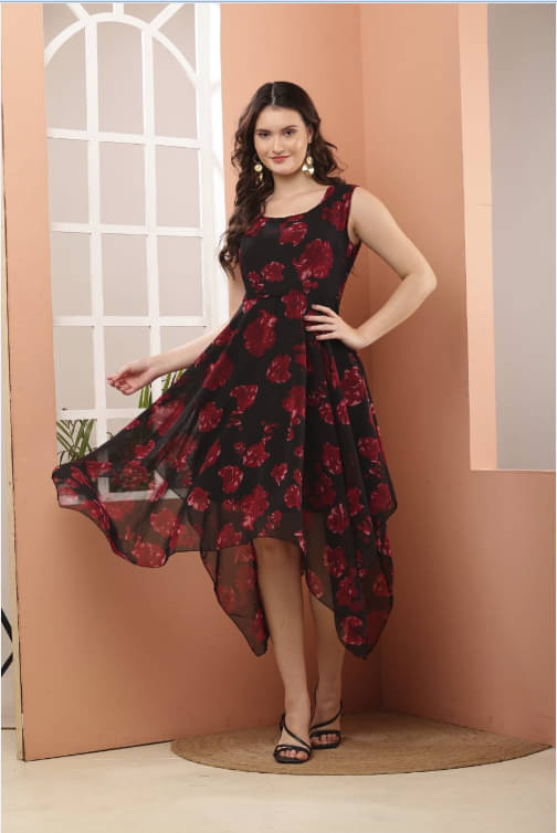     			vivient Women's Georgette Printed Asymmetric Dress ( Black )