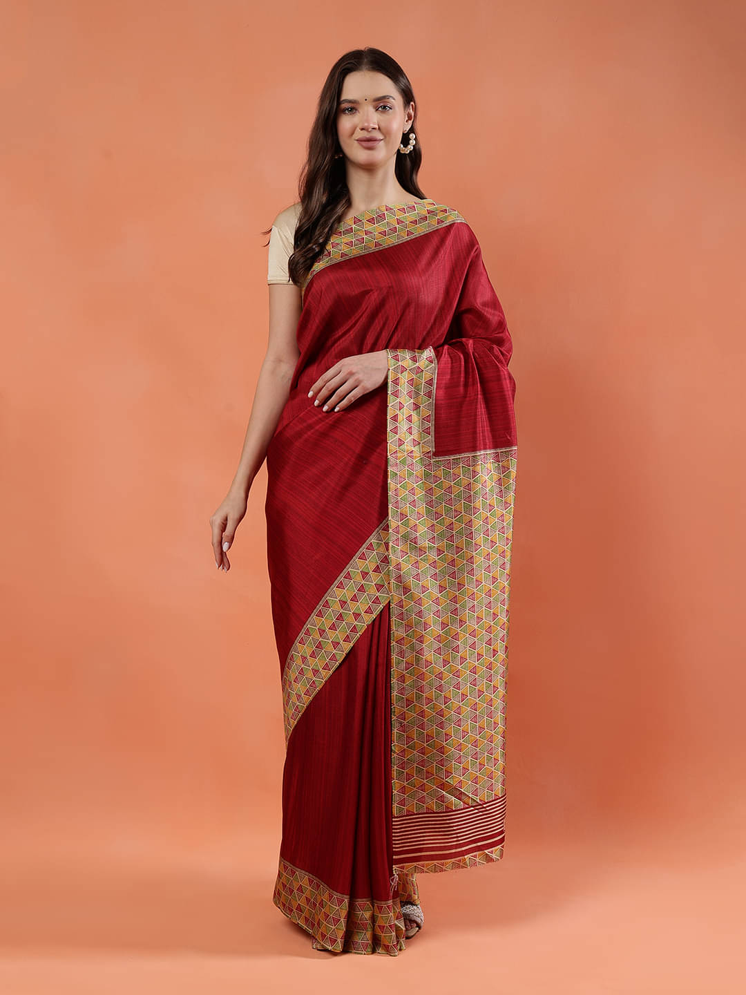    			Baloobi Silk Blend Printed Saree With Stitched Blouse ( Red )